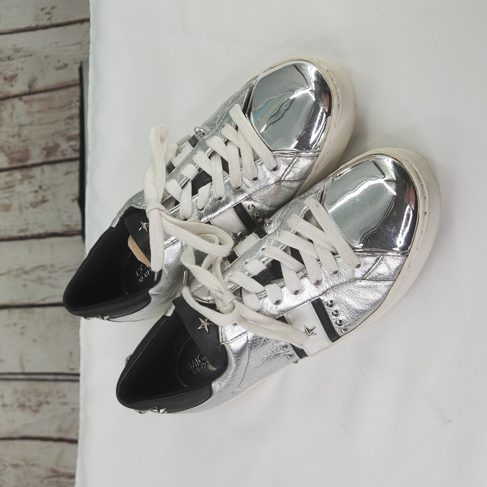 Sneakers, Michael Kors Frankie Silver metallic striped sneakers,stars, s…